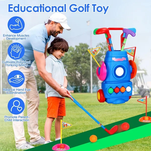 Toddler Golf Set With 4 Balls 4 Clubs 2 Holes 2 Flags Golf Cart Indoor Outdoor Golf