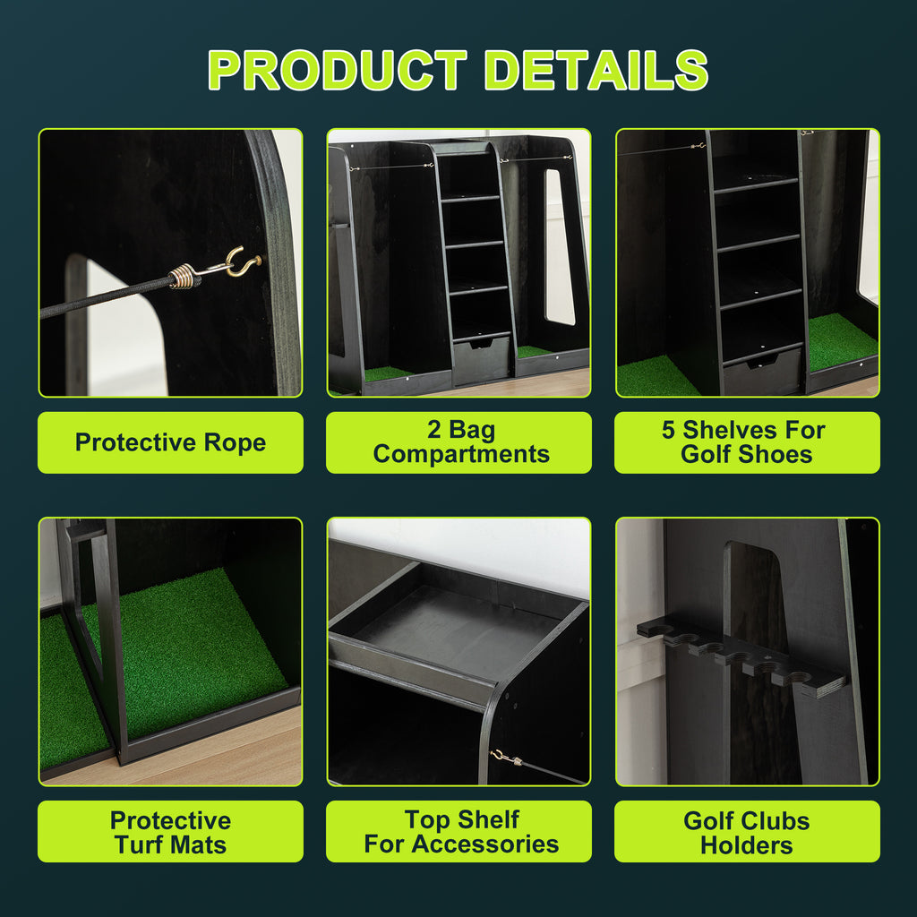 55.5 L X 16 W X 37 H In Wooden Golf Bag Organizer And Storage Rack,High Quality Wooden 2 Golf Bag Rack With Drawers,Easy To Assemble Golf Club Holder Stand With Club Holders On Side,Black