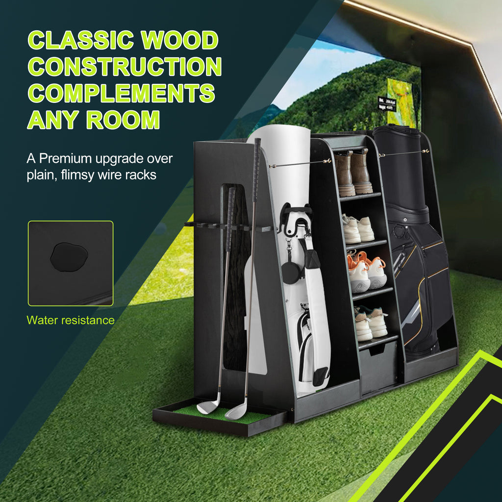 55.5 L X 16 W X 37 H In Wooden Golf Bag Organizer And Storage Rack,High Quality Wooden 2 Golf Bag Rack With Drawers,Easy To Assemble Golf Club Holder Stand With Club Holders On Side,Black