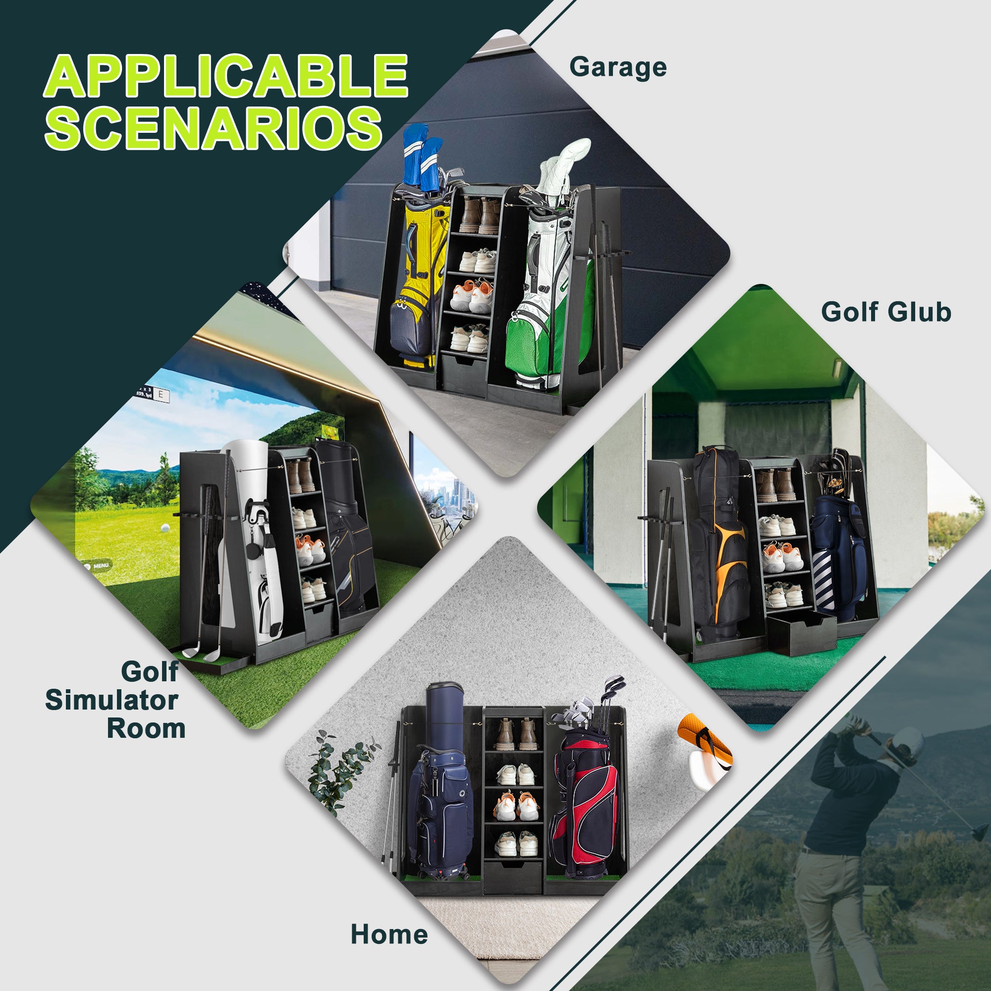 55.5 L X 16 W X 37 H In Wooden Golf Bag Organizer And Storage Rack,High Quality Wooden 2 Golf Bag Rack With Drawers,Easy To Assemble Golf Club Holder Stand With Club Holders On Side,Black