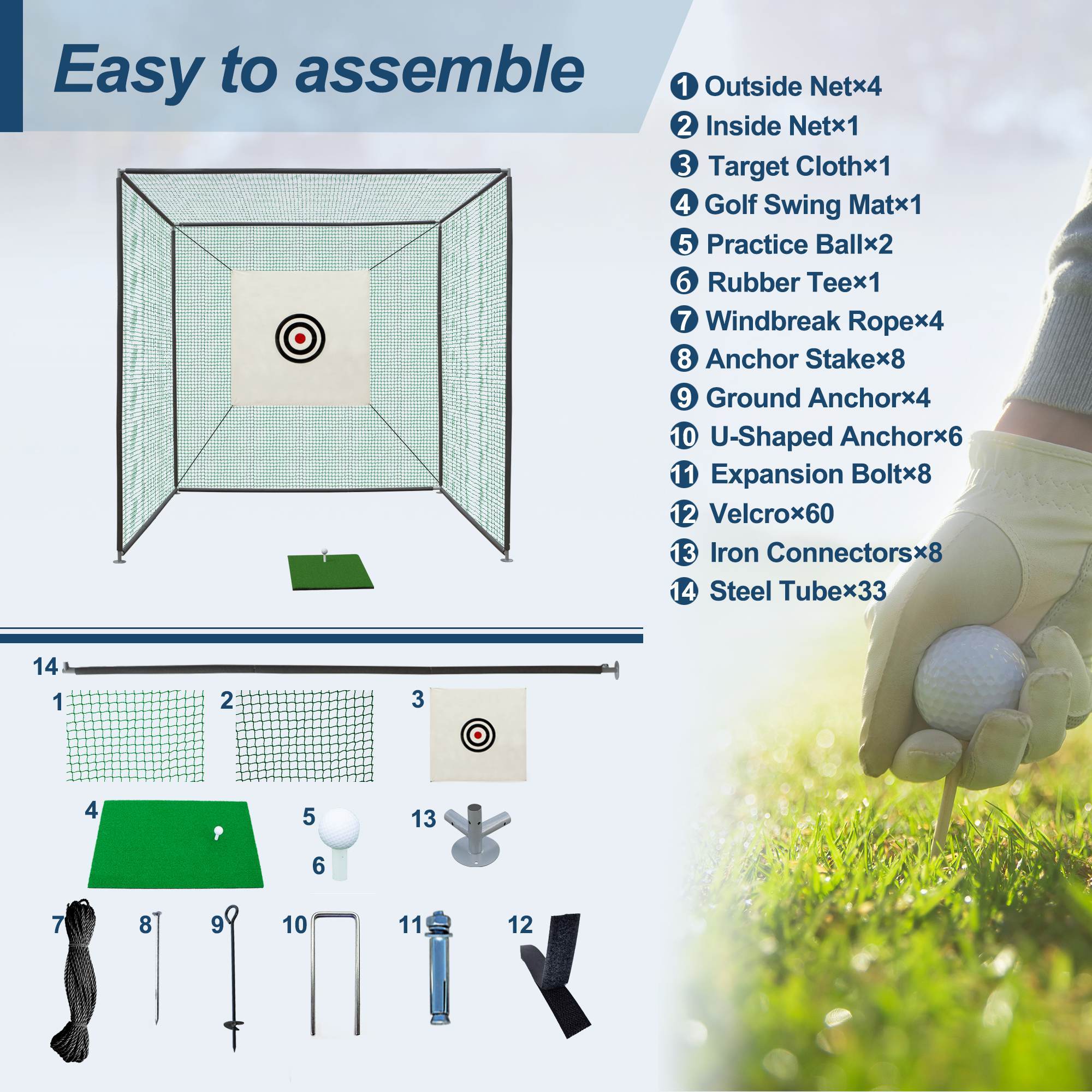 10X10X10FT Golf Practice Net Cage With Metal Frame Hitting Net Kit Indoor Outdoor