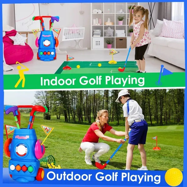 Toddler Golf Set With 4 Balls 4 Clubs 2 Holes 2 Flags Golf Cart Indoor Outdoor Golf