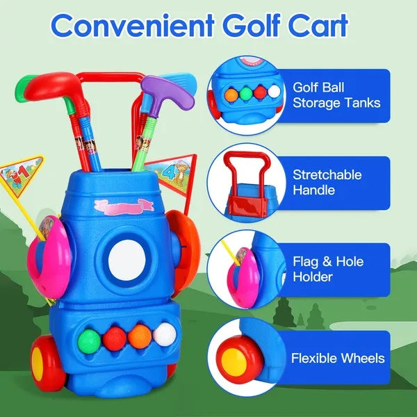 Toddler Golf Set With 4 Balls 4 Clubs 2 Holes 2 Flags Golf Cart Indoor Outdoor Golf