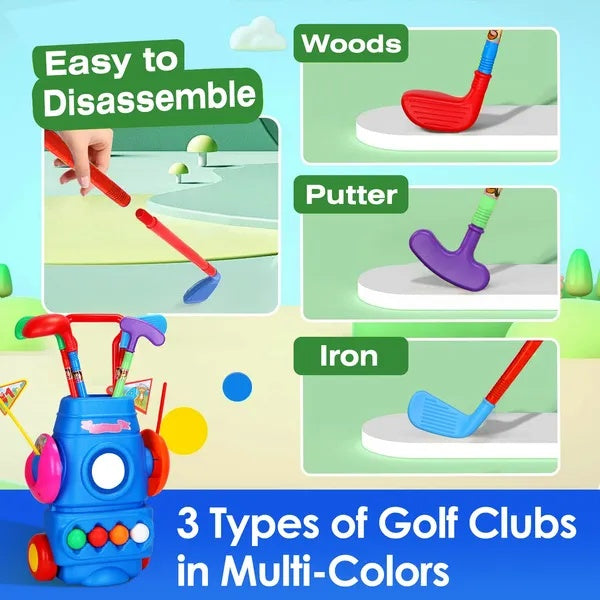 Toddler Golf Set With 4 Balls 4 Clubs 2 Holes 2 Flags Golf Cart Indoor Outdoor Golf